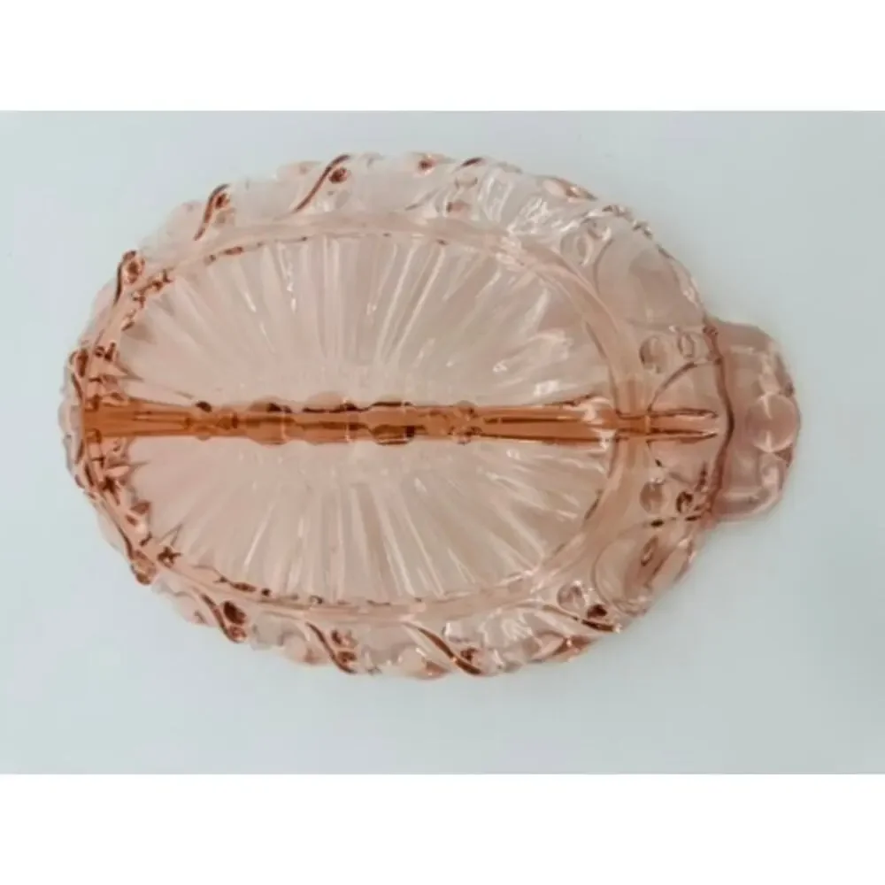 Vintage Anchor Hocking Pink Depression Glass Relish Dish Oval Handled Serving